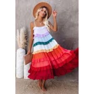 NWT Storia Colorful Rainbow Ruffle Maxi Dress sz L
